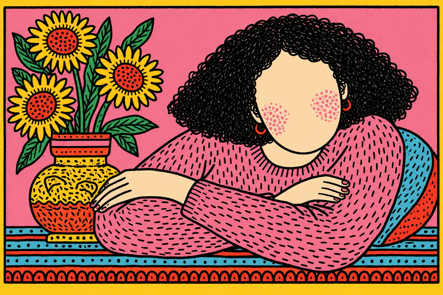 Une mère au repos, près d'un bouquet de tournesols