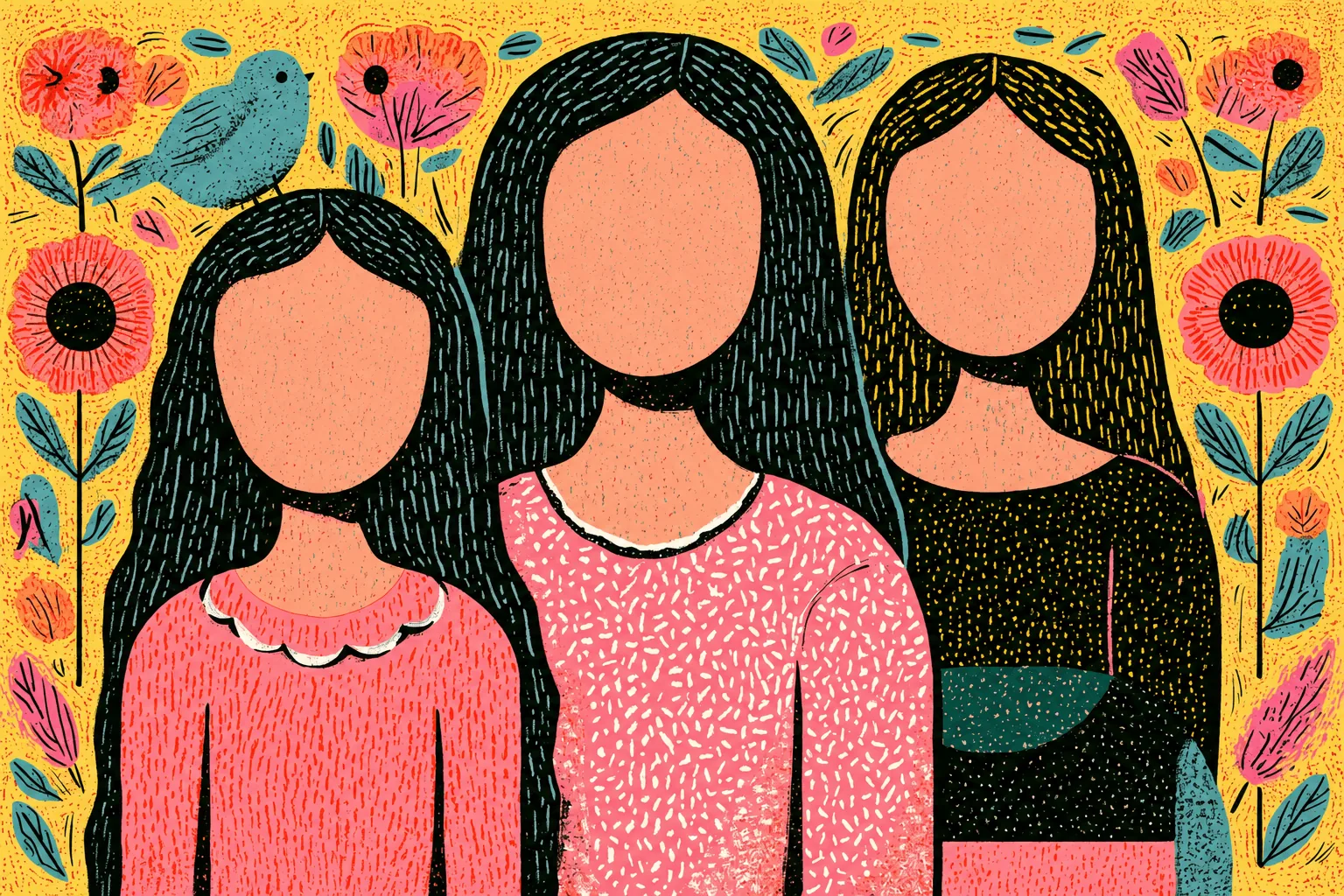Une mère et ses filles, ensemble, dans un jardin fleuri