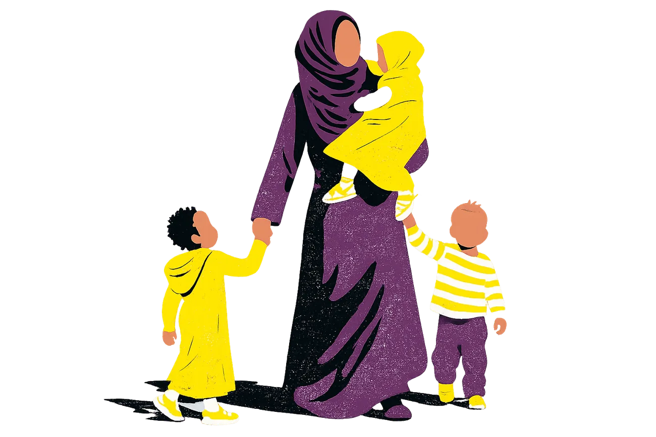 Une mère et ses enfants, main dans la main