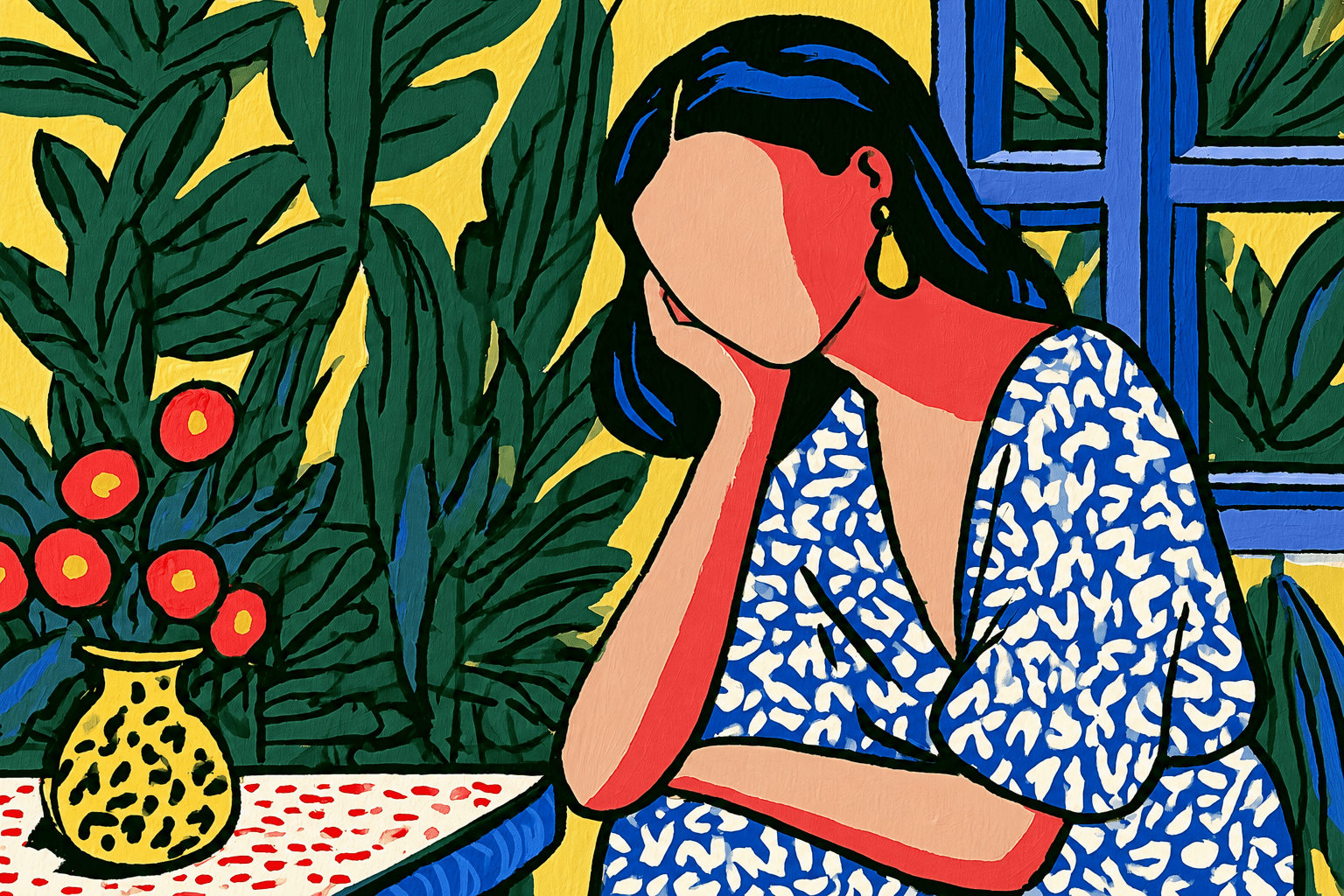 Une mère pensive, accoudée à sa table