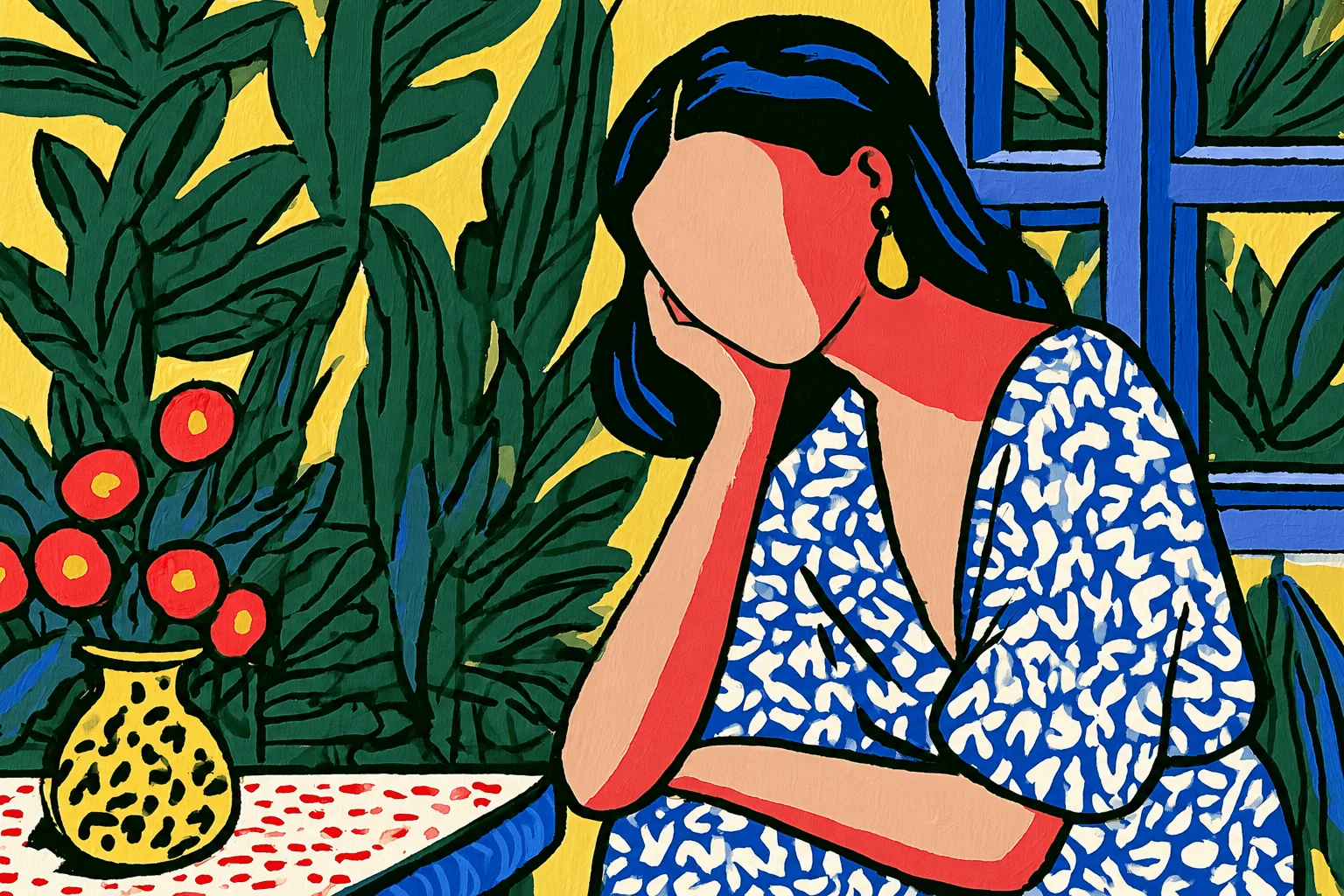 Une mère pensive, accoudée à sa table