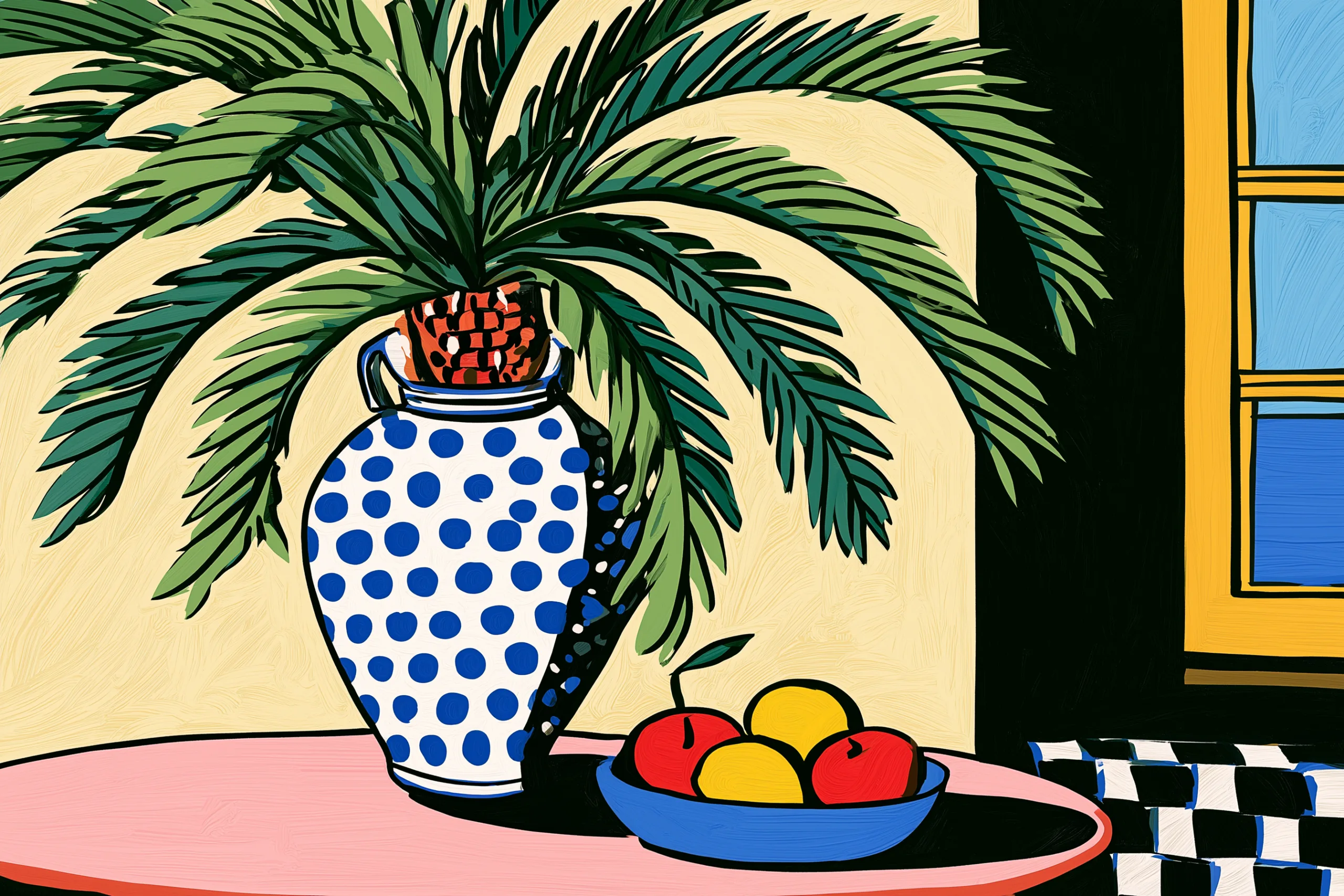 Palmier, vase et coupe de fruits